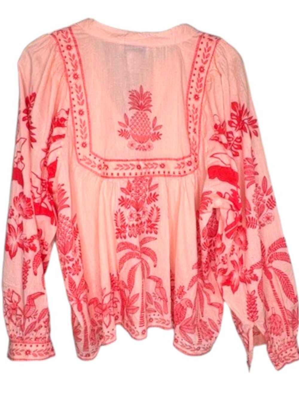 Calypso St. Barth Lightweight Peasant Top Tropical Print - Peachy Pink/Red - L - Picture 6 of 11